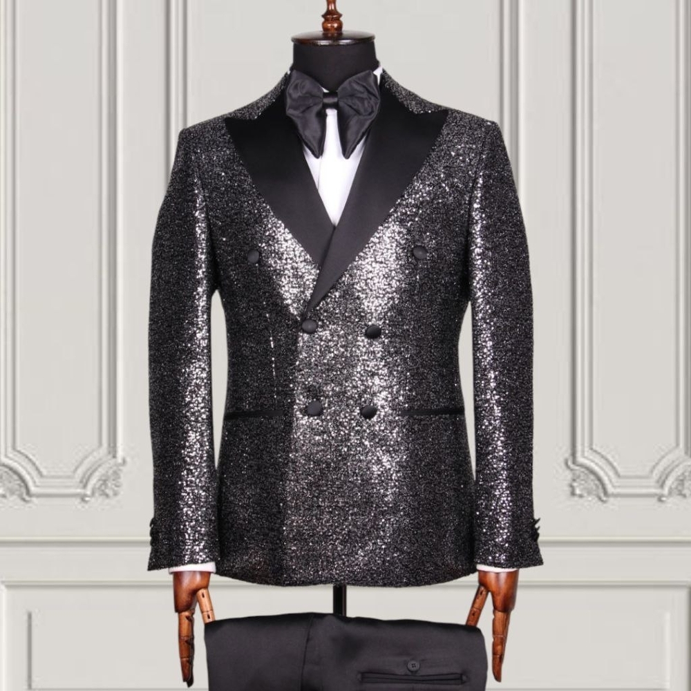 Elegant Silver Sequin Tuxedo Blazer With Black Pants
